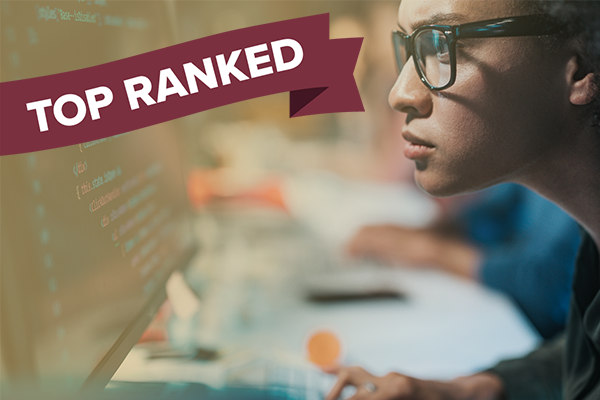 woman studying information on computer screen and "top ranked" banner