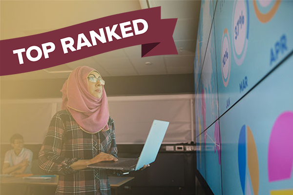 Image of woman looking at presentation board and "top ranked" banner