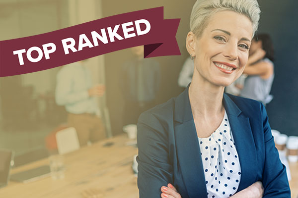 confident businesswoman in conference room and "top ranked" banner