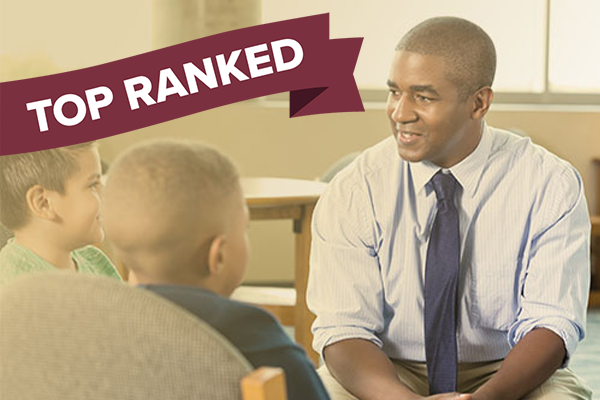 school counselor talking to students in school library and "top ranked" banner