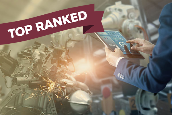 engineer using tablet to control robotic equipment, "top ranked" banner over image