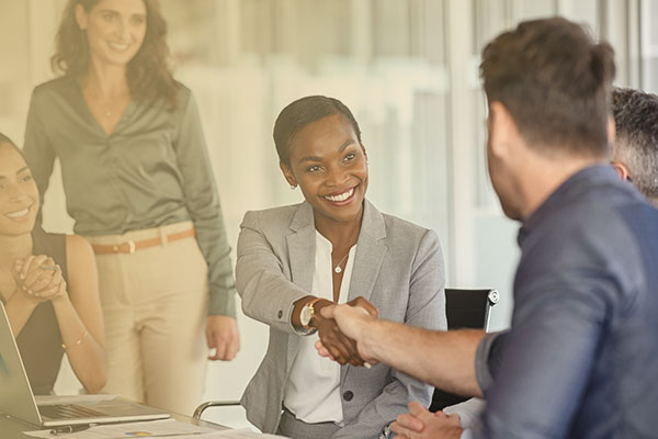 Image of professional woman shaking hands in meeting